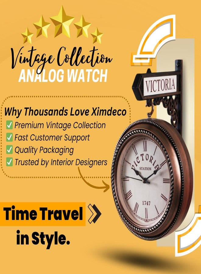 Ximdeco Golden Plastic Wooden Pattern Replica Dual Side Victoria Station Analog Wall Clock Hanging Style Platform Railway Clock Home Decor (Golden) (Length 33 cm, Width 10 cm) - Image 5